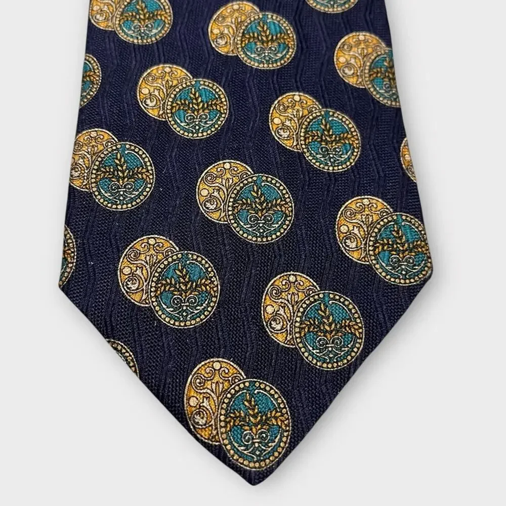 VALENTINO navy, teal & gold coin medallion print silk tie made in Italy luxury